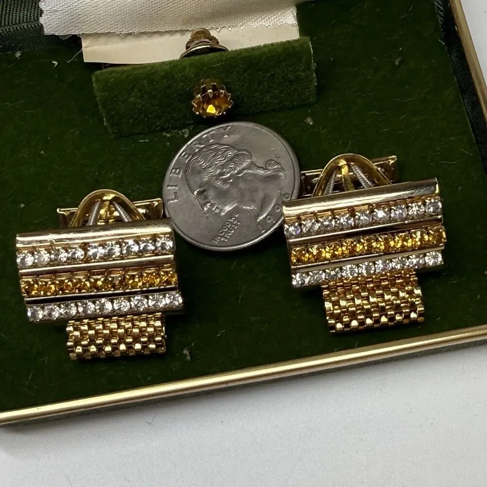 Vintage Executive Gold Tone Rhinestone Cuff Links & Tie Tack Matching Set New